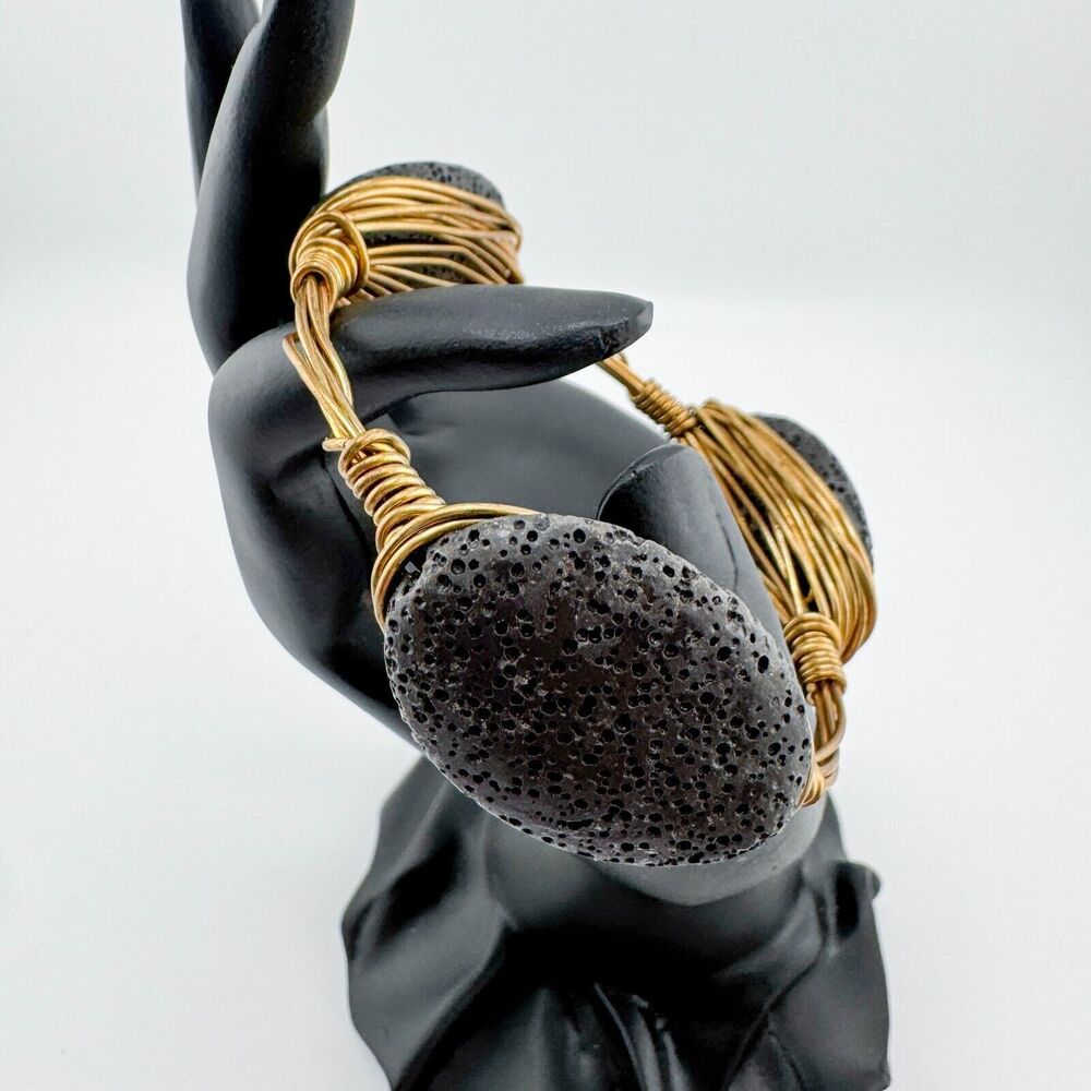 Handmade Lava Stone Wire Bracelet Gold Tone Chunky Aromatherapy Healing